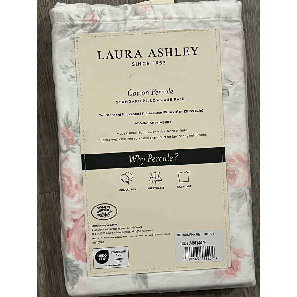 Laura Ashley Floral Standard Pillowcase Pair Belinda Pink Cotton Percale New